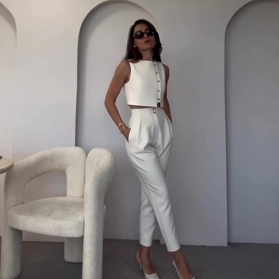 Women's sleeveless vest top high waist straight leg pants solid color two-piece suit