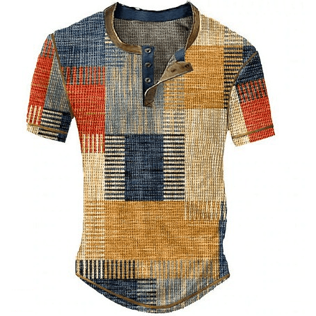 Men's clothing T-shirt Casual digital print loose short sleeve button Polo shirt Henry collar T-shirt