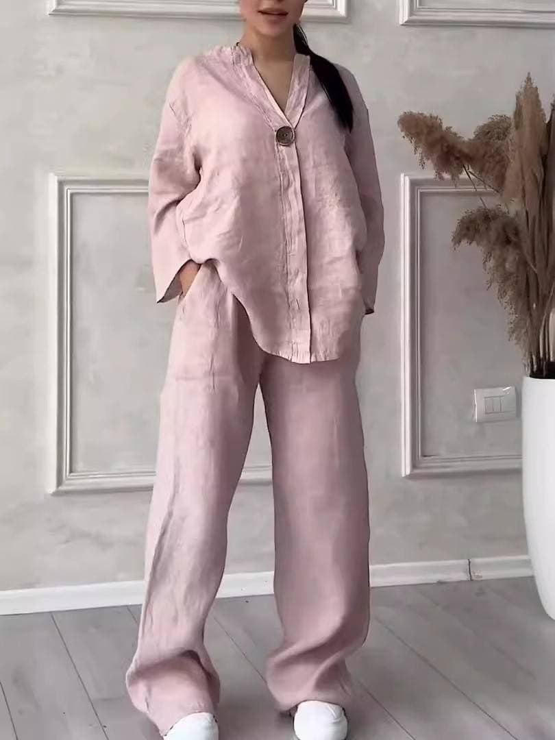 2026 Fashion European And American Women's Wear Comfortable Loose Top Wide Leg Pants Casual Cotton And Hemp Set