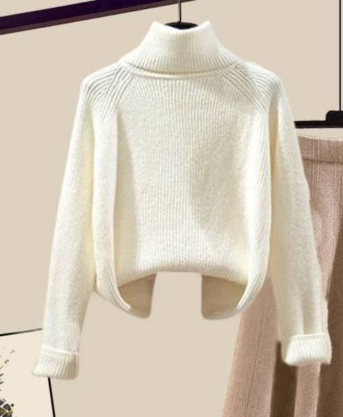 Ensemble deux pièces pour femme : pull à col roulé en maille et jupe amincissante. Collection automne-hiver.