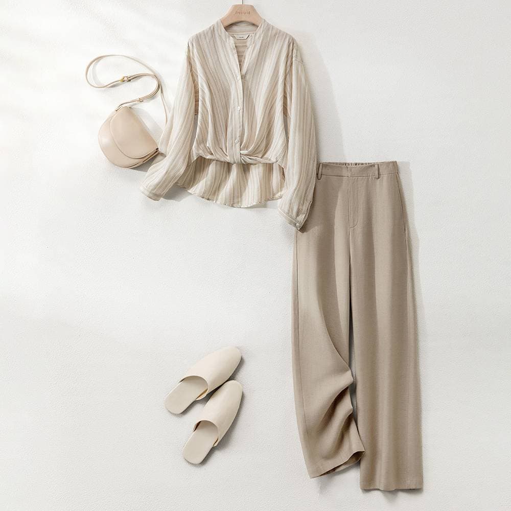 Women's Clothing Jacquard Striped Shirt Linen Pants Two Piece Suit Women Spring Fashion Design Pants Suit