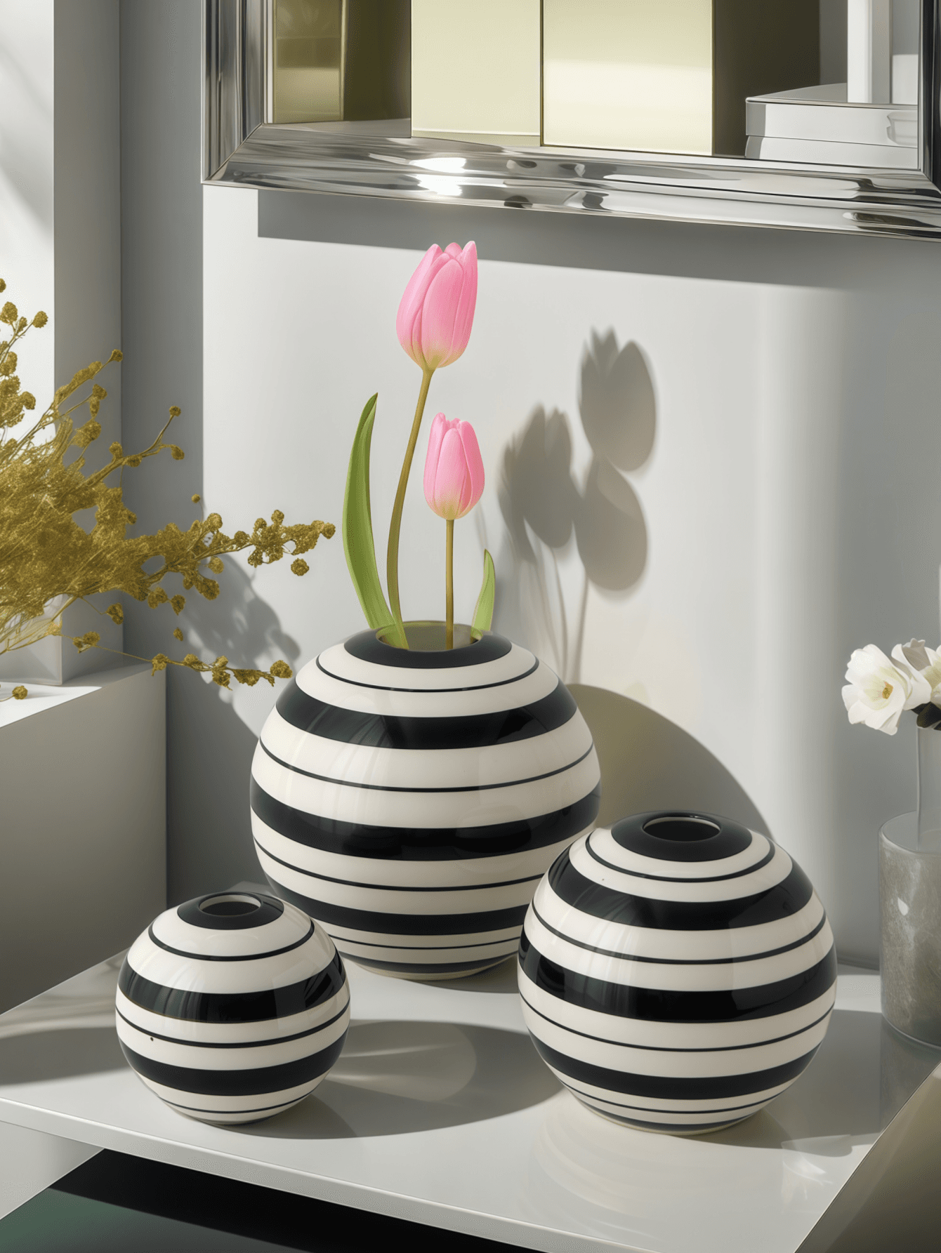 1pc Black And White Stripe Color Matching Ceramic Ball Vase Is Suitable For Small Fresh Style Design Scene Ornaments Flower Arrangement Vase