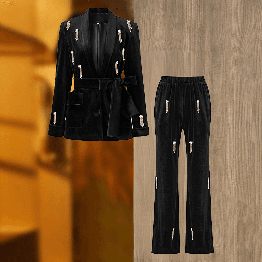 Women's Clothing Fashion Suit Green Fruit Collar Blazer Lace-Up Elastic Wide-Leg Pants Two-Piece Set