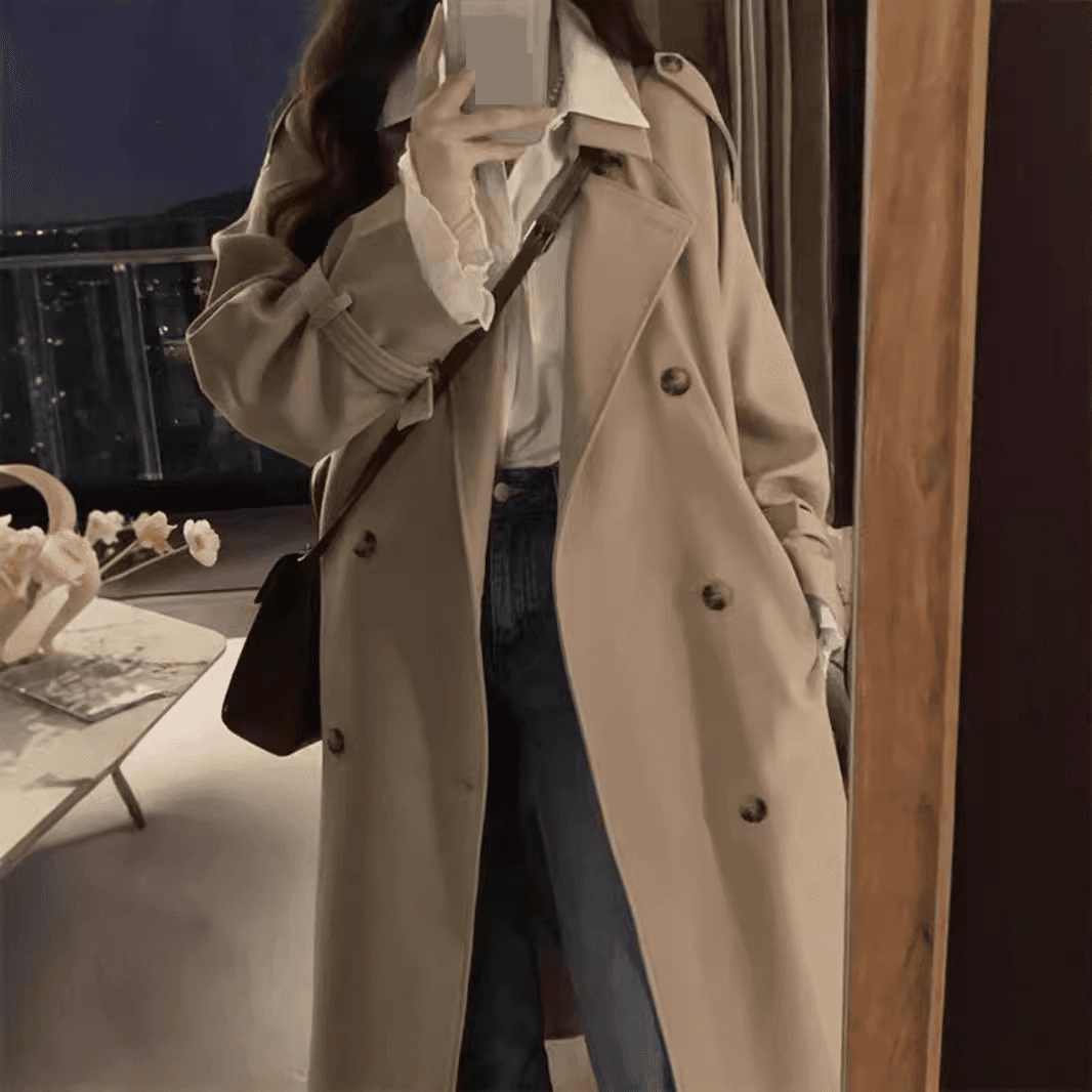 Women's Trench Coat – Oversized Long Coat With Princess Sleeves, Double Breasted Button, Khaki/Black, Petite & Plus Size Friendly
