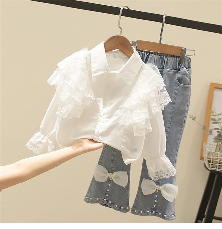 Kid's Clothing 2024 autumn new girls lace baby collar shirt plus bow jeans suit