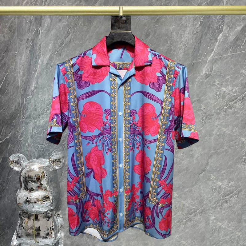 Retro Court Color Contrast Printing Shirt Men Short Sleeve Streetwear Summer Hawaiian Casual Shirt Men High Street Chemise Homme