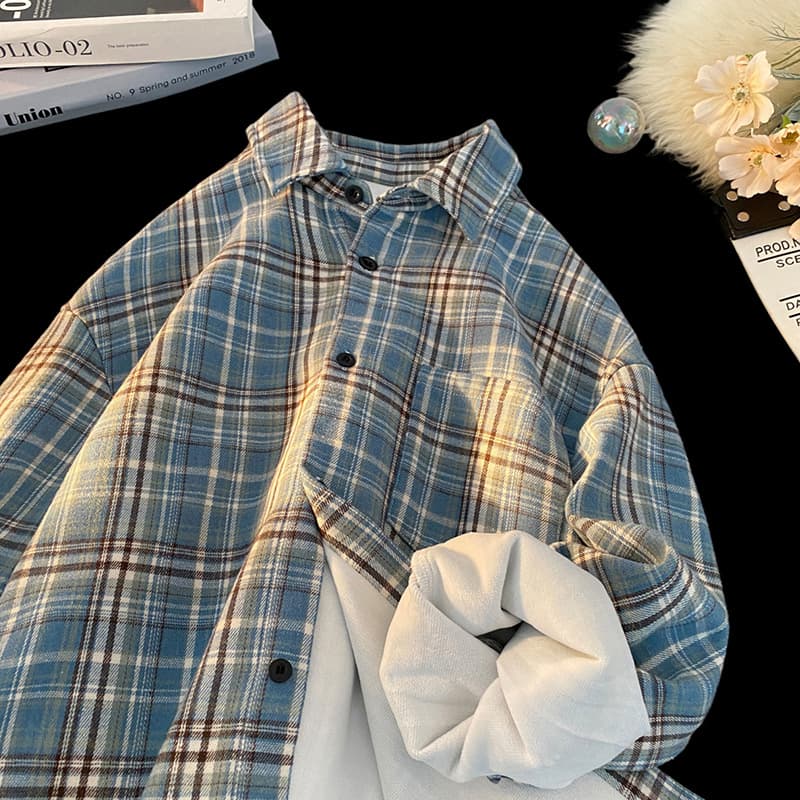 Plush plaid shirt men's autumn new style outdoor trendy brand casual jacket high street versatile and cool shirt