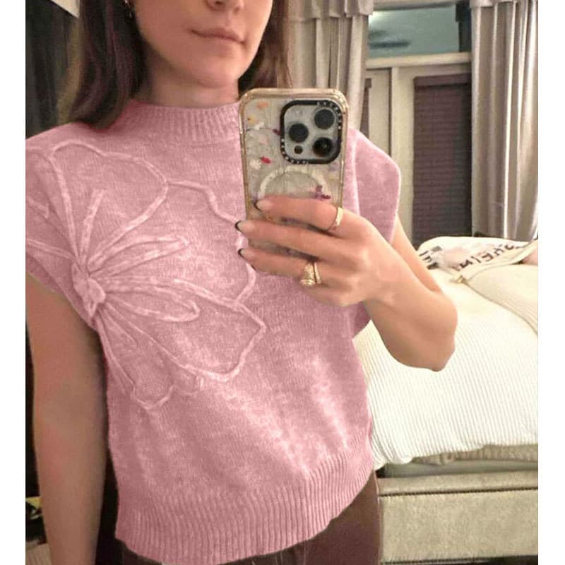Women's Loose Knit Vest Top - 3D Embroidered Sleeveless Sweater Breathable Acrylic Fabric Elegant Casual & Work Wear