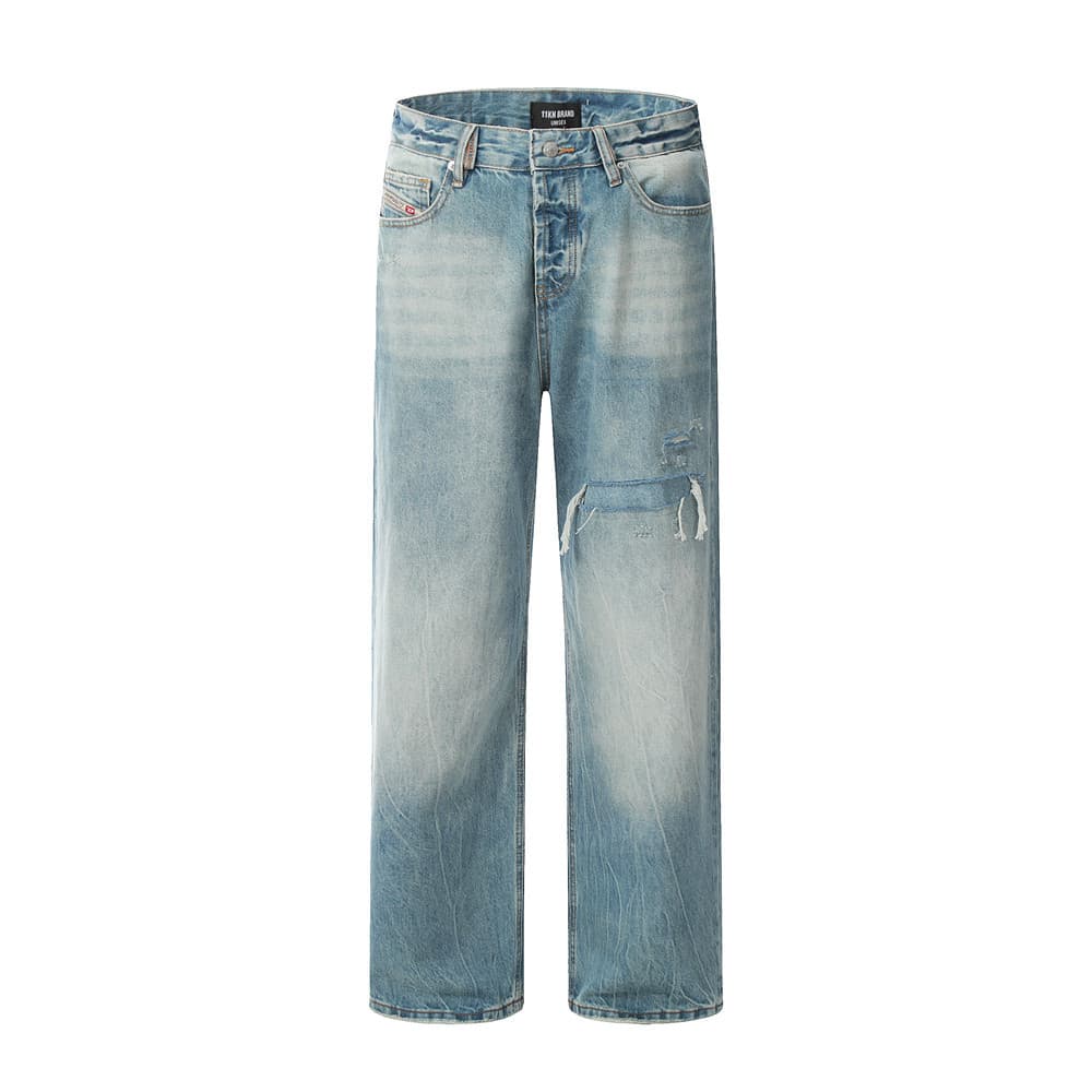 Men's Clothing Contrast color sprayed Ma Liu ripped straight jeans men's vibe fashion brand American retro loose wide leg floor length trousers