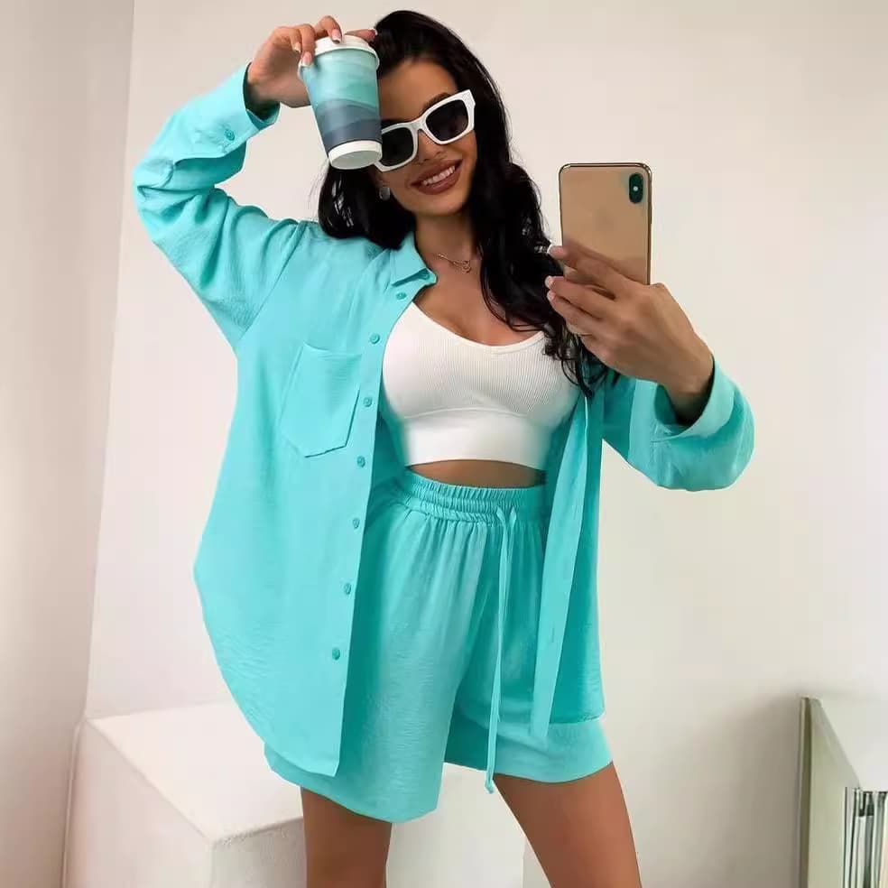 Women's Clothing Solid Color Single Breasted Long Sleeved Shirt Loose Fashion Casual Shorts Suit