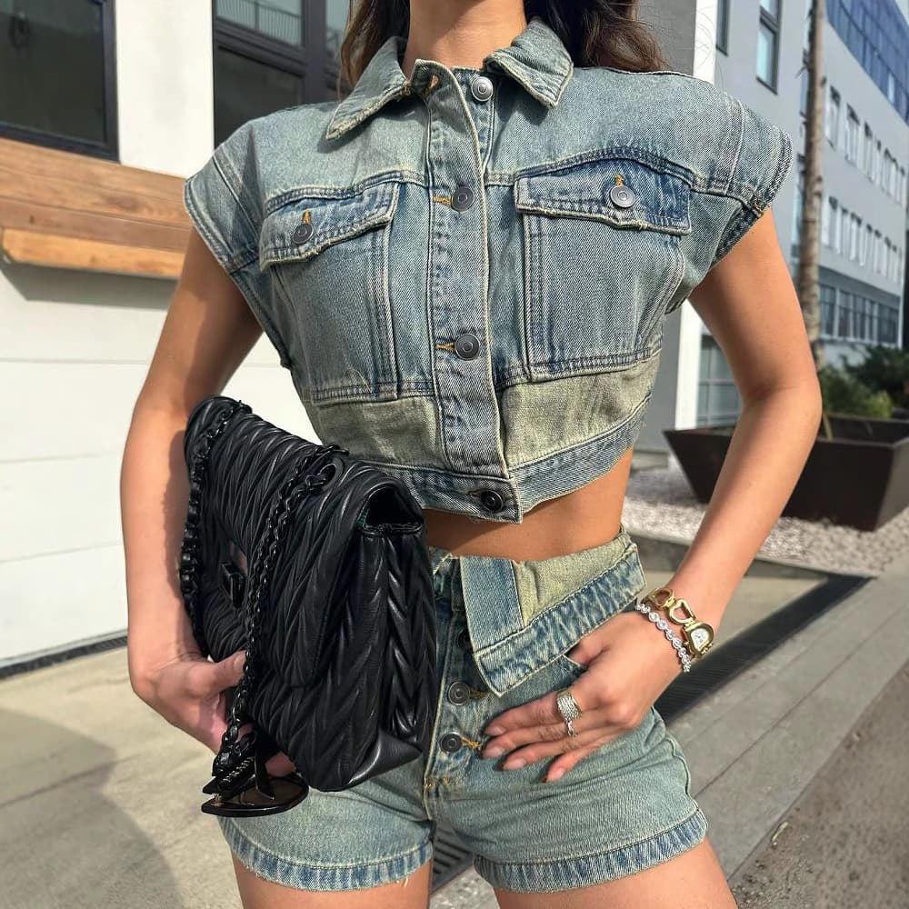 Women's Stretch Denim Two-Piece Set - Fashion Matching Outfit, Casual Leisure Suit​​