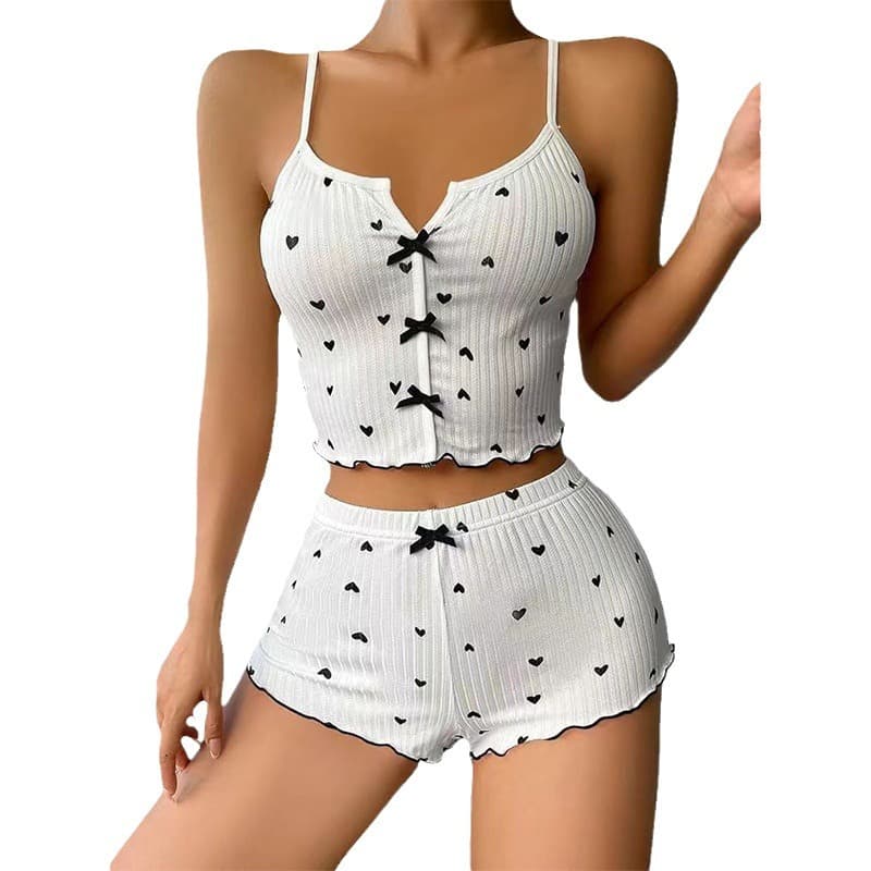 Women's Intimates New Products Heart Shaped Printed Contrast Color Home Clothes Front Slit Suspender Pajamas Set