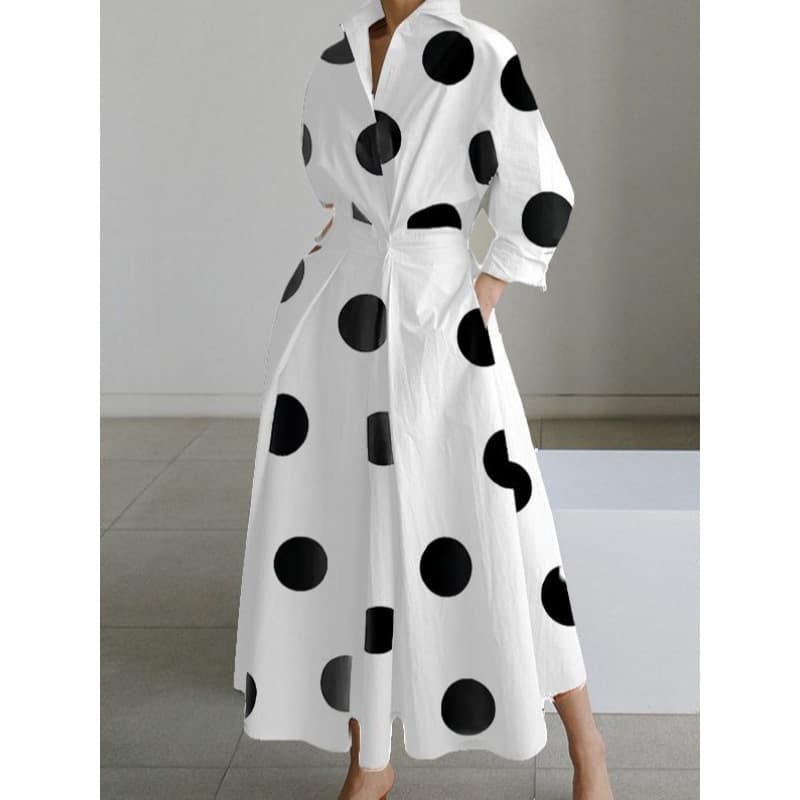 Autumn Fashion Long Sleeve V-Neck Print Dress Women's Polka Dot Temperament Long Skirt
