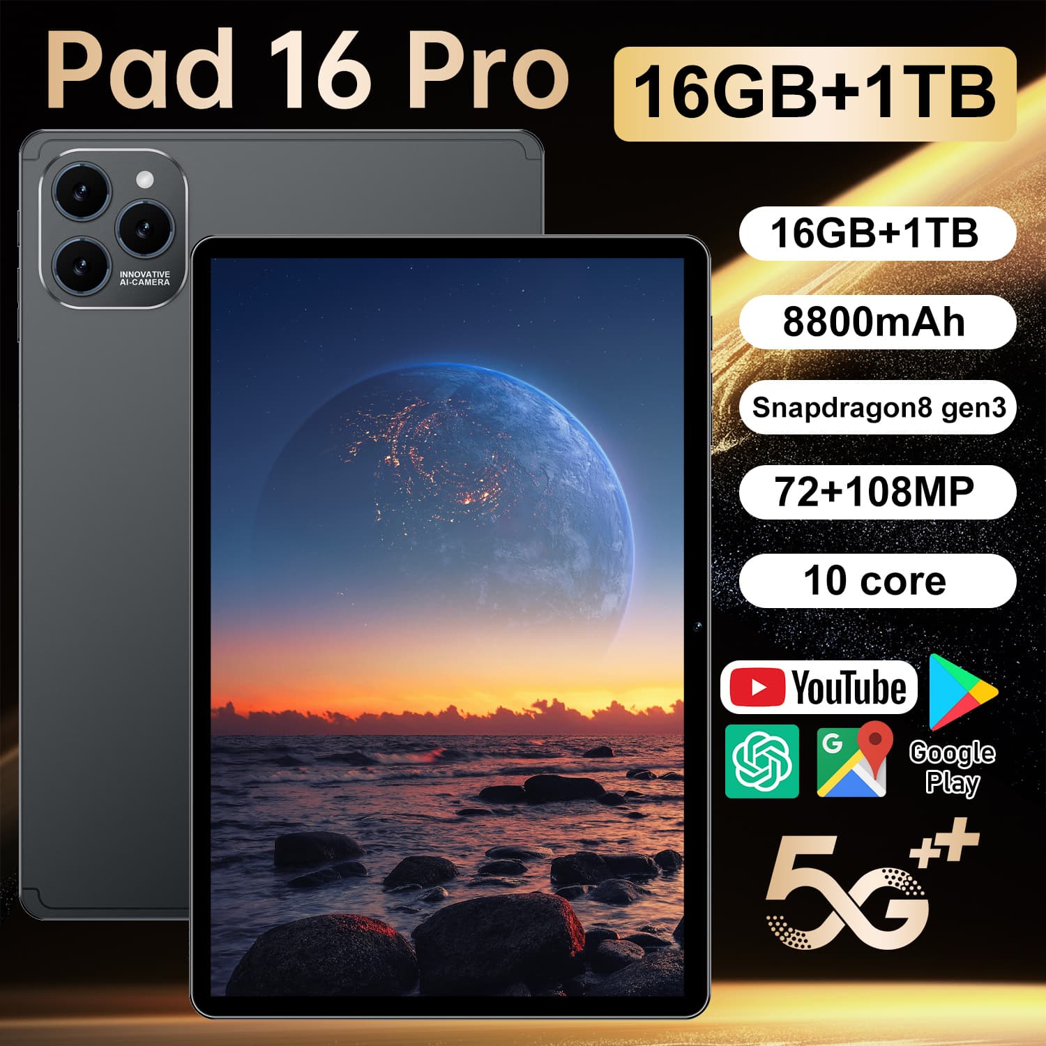 New Tablet PC Pad 16 Pro 10.1-inch 12GB RAM 512GB ROM Supports Video Calls Dual Cameras Google Ten Core Android 14 10000mAh Battery
