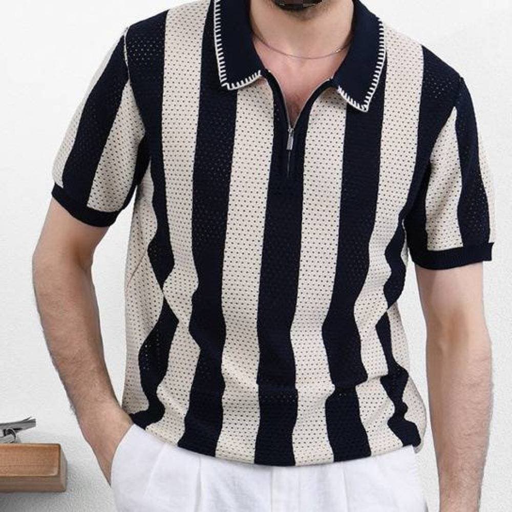 Men's Summer Casual Polo Shirt 2026 Short Sleeve Hollow out Ice Silk Striped Knit Breathable Cotton Blend Loose Fit White Black