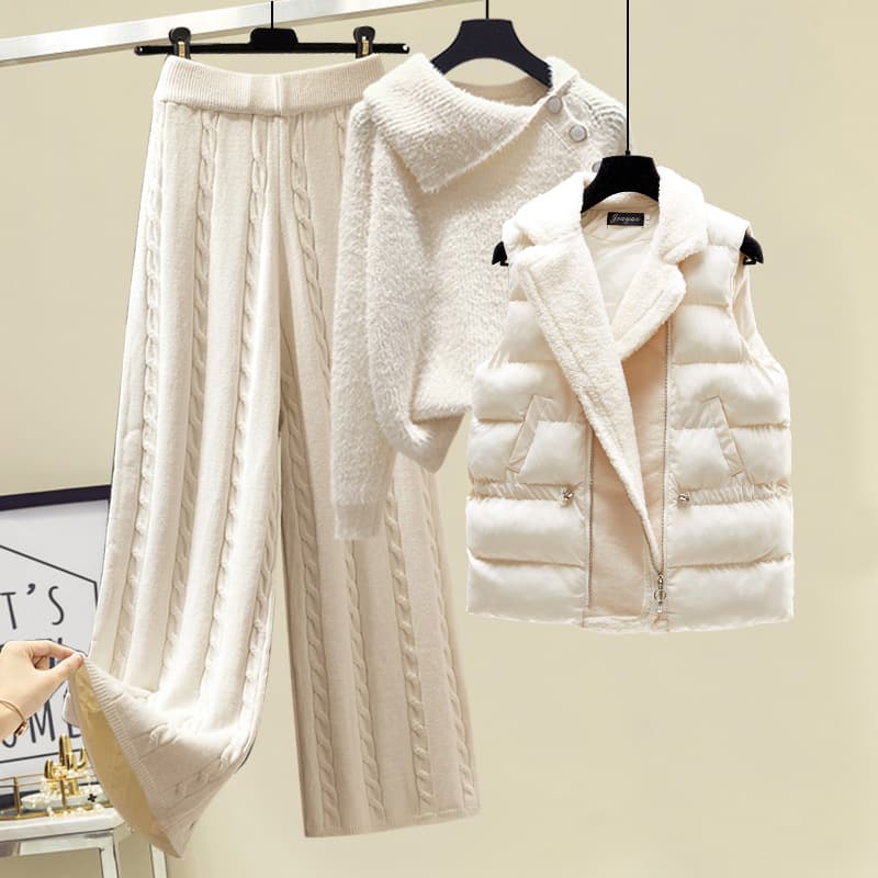 Women's Clothing Three Piece Suit For Women, Designer Sweater, Thickened Slim Vest Coat, High Waist, Cable Pattern, Wide Leg Casual Pants