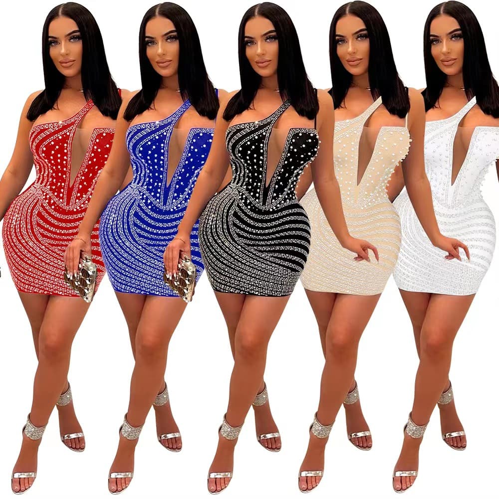 New Model Oblique Shoulder Hot Diamond Wrap Hip Sleeveless Dress For Women Bubble Bead Style