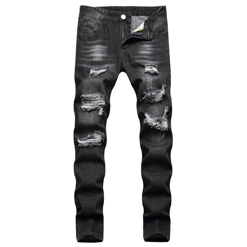 Jean droit noir vintage pour homme – Denim non extensible taille moyenne avec détails multi-trous (coupe rétro décontractée)