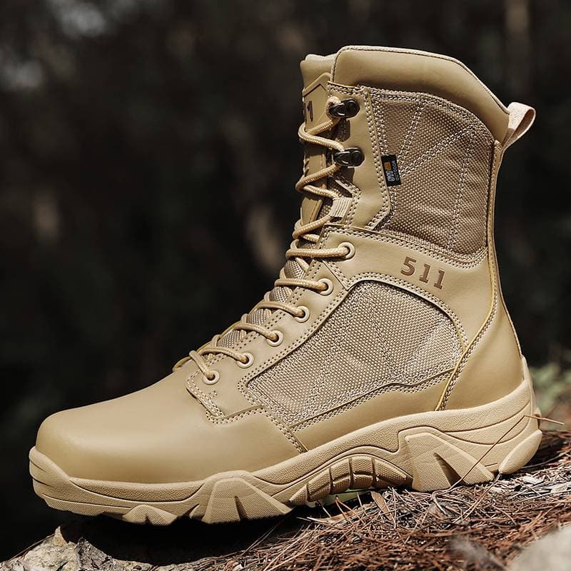 Men's High Top Outdoor Hiking And Tactical Training Shoes, All Black Wear-resistant EVA Cushioning Pad