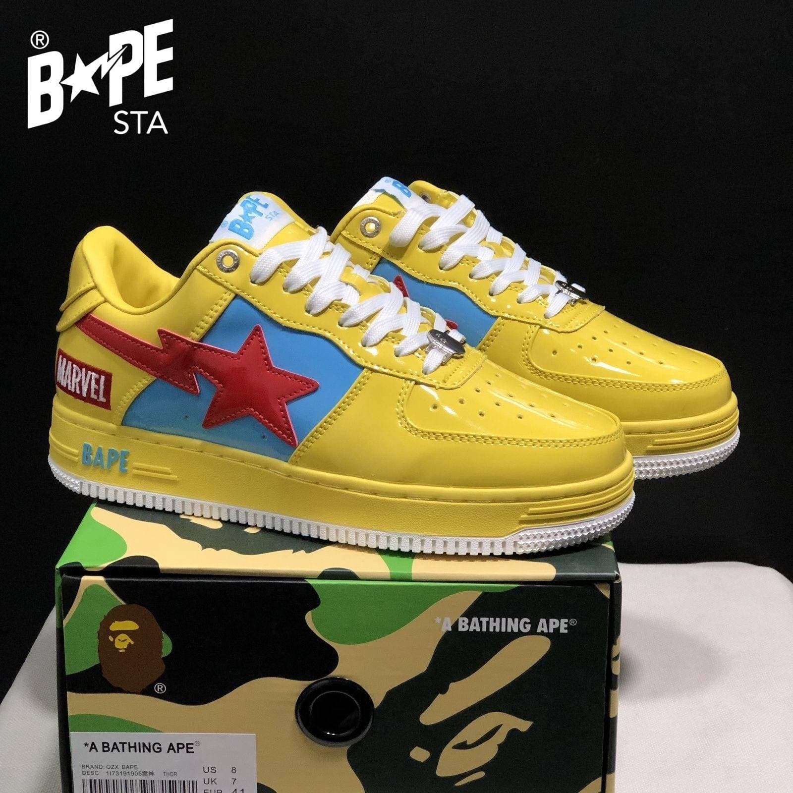 A BATHING-APE Classic Marvel-Lacquer Leather Splicing Fashion Board Shoes Air Force No.1 Board Shoes Unisex