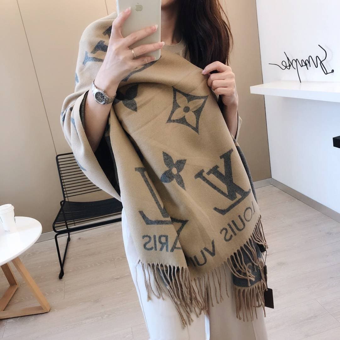 Écharpe à franges jacquard double face LV, 180 x 65 cm, 330 g+, chaude et élégante, pour tous les âges, résistante et d'un excellent rapport qu