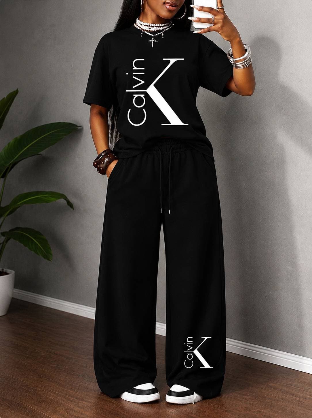 Women's Casual Oversized T-Shirt And Wide Leg Trousers Set Drawstring Mid Waist Loose Fit Fashion For Summer