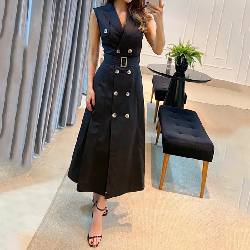 Women's Clothing style fashionable solid color multi-button design sleeveless long skirt