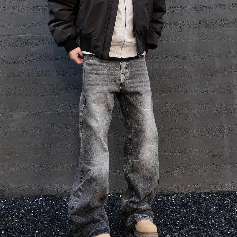 Jean droit ample et rétro pour homme, coupe large, noir, coton denim confortable pour un style urbain décontracté