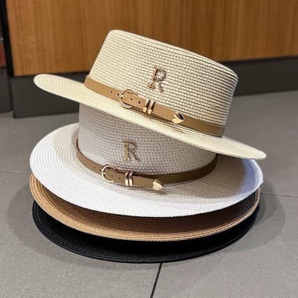 Straw Girl Summer Vacation Beach Water Diamond Letter R Belt Personalized English Flat Top Sunshade Cool Hat