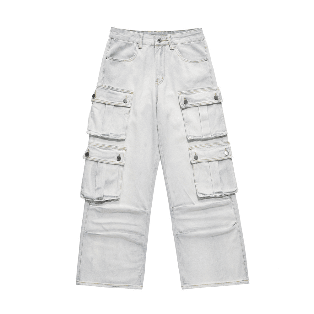 [UrbanVibe] Men's Cargo Denim Pants - Distressed Wash & Multi-Pocket | Wide-Leg Streetwear