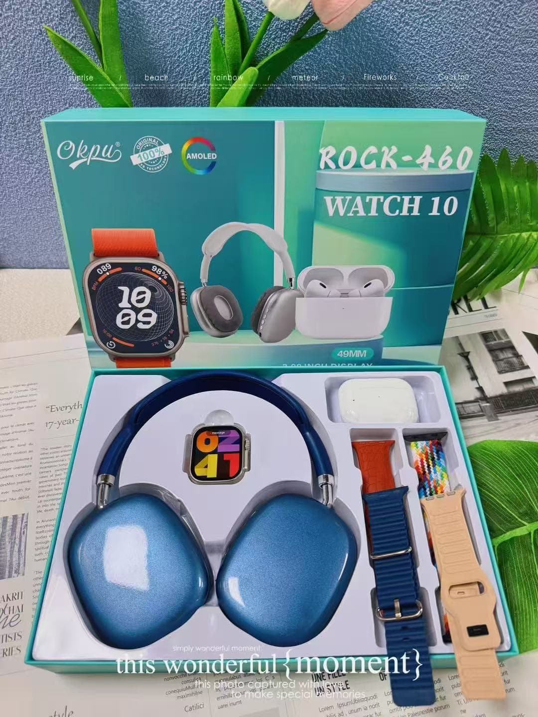 Montre connectée Ultra, écouteurs et casque Bluetooth, étui à sangles 4 pièces