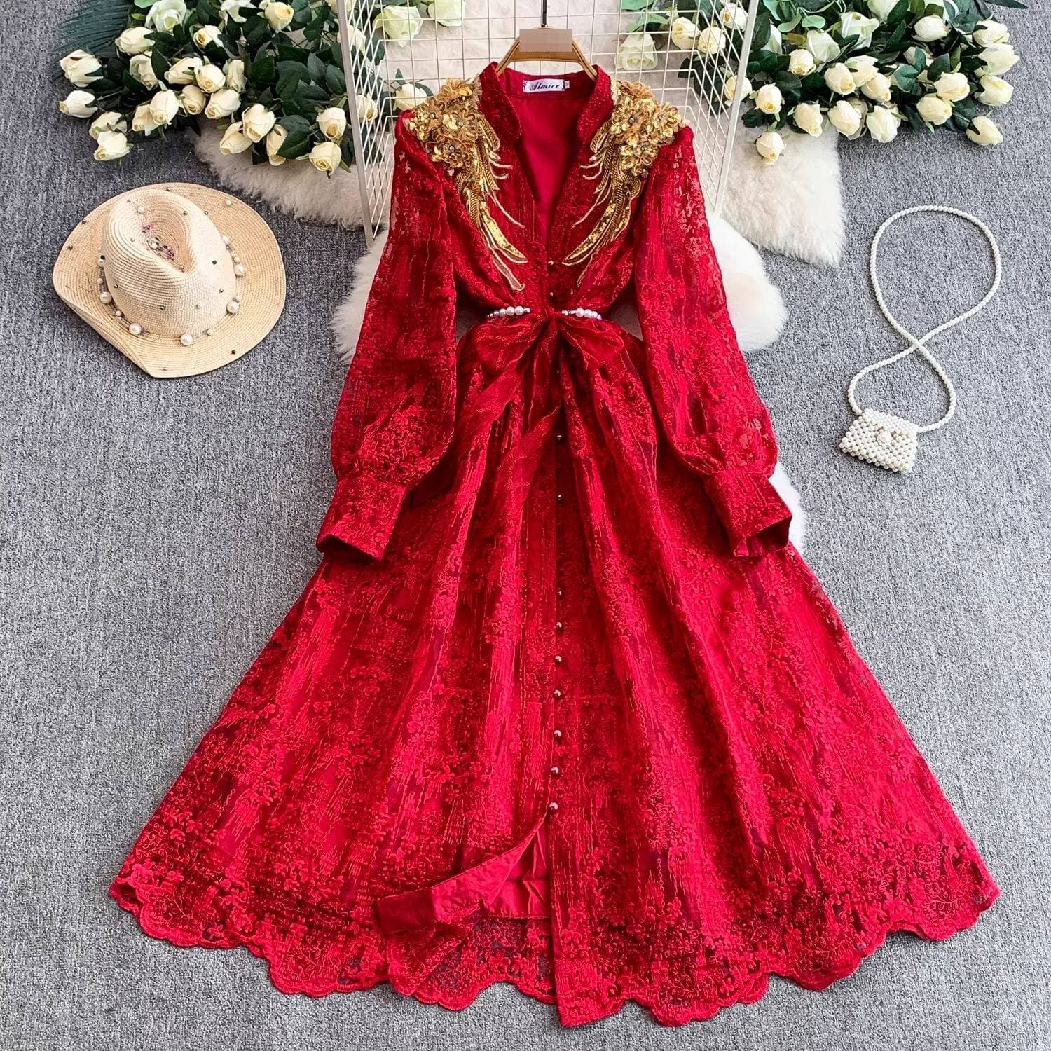 ​​Elegant Court Vintage Embroidered 3d Floral V-Neck Dress – Lace Fit-And-Flare Midi Dress With Puff Sleeves