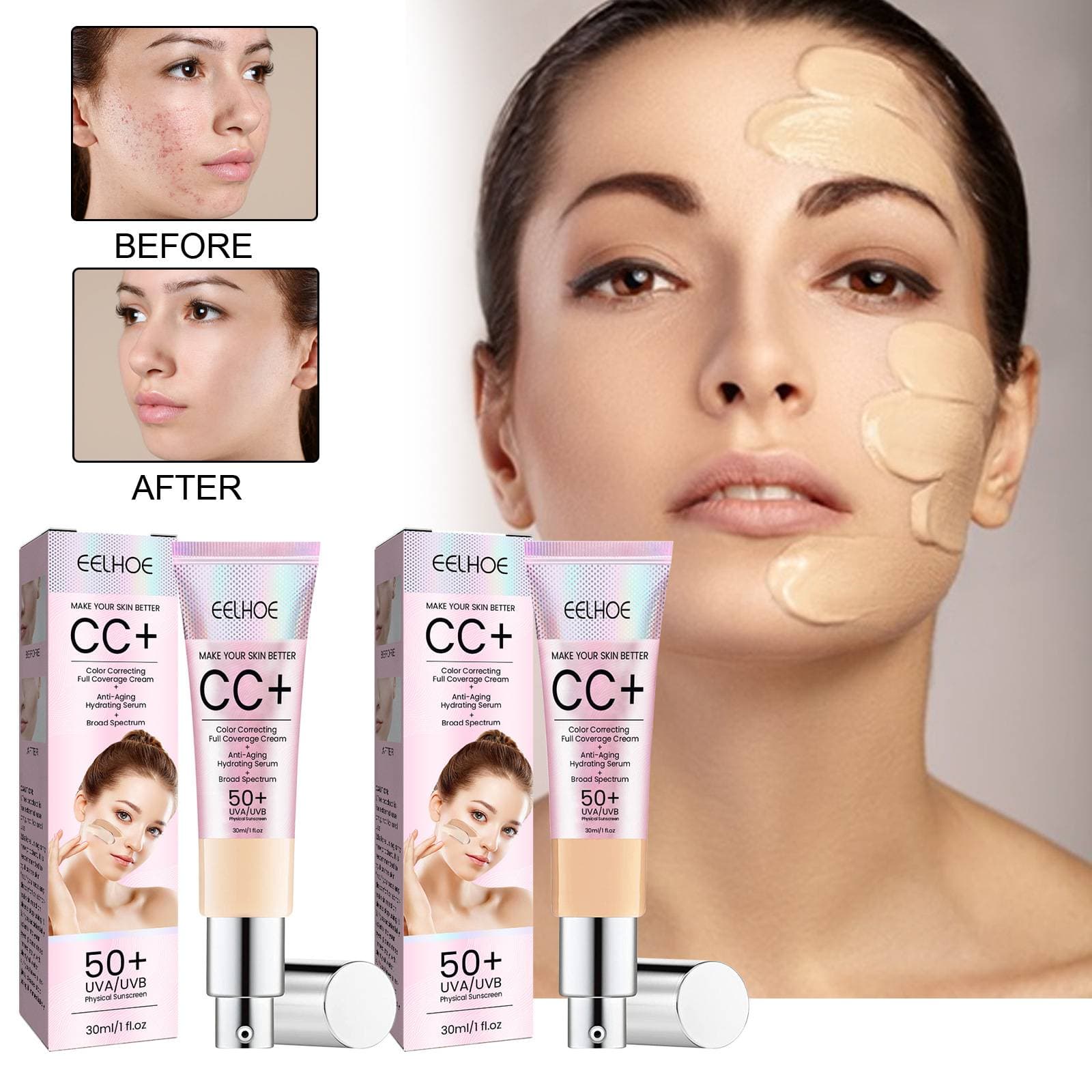 EELHOE facial repair cc cream, natural concealer, waterproof, non-removing makeup, hydrating, repairing, whitening skin