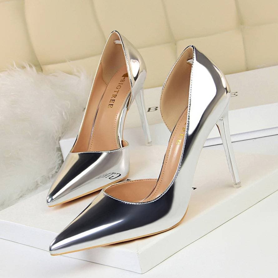 Women's Pumps fashion sexy nightclub pointed toe stiletto hollow single shoes metal surface shallow mouth OL simple high heels