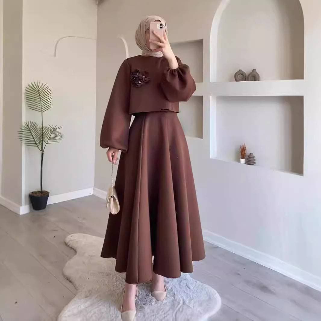 New Muslim Flower Loose Top Half Skirt Fashion Casual Set