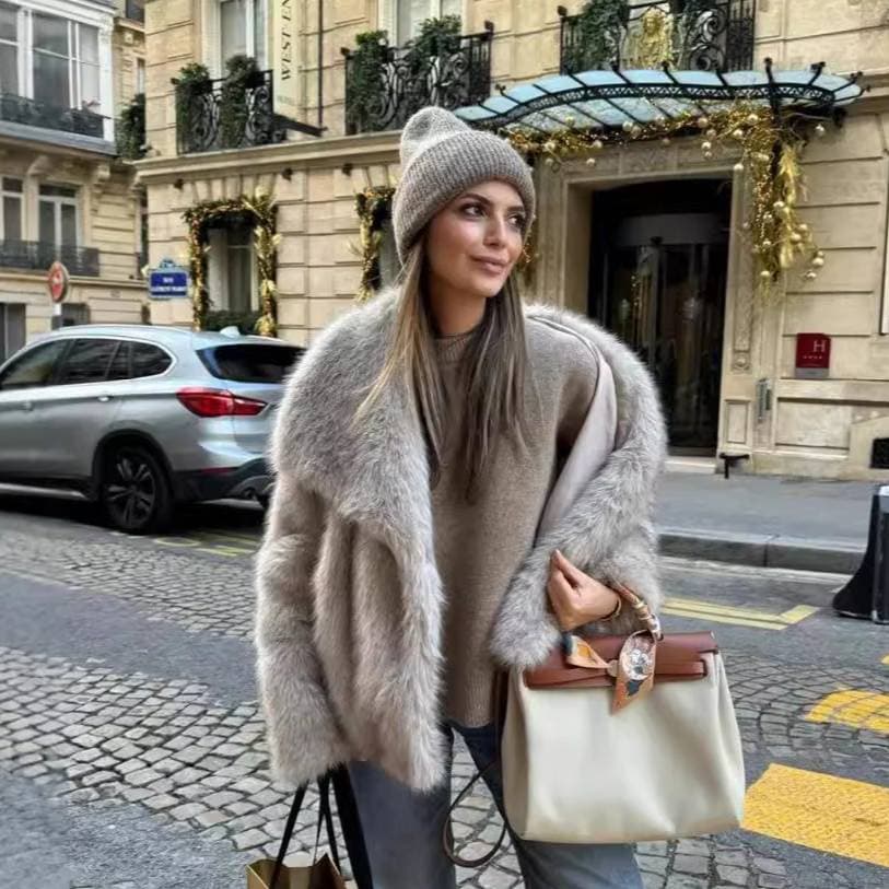 ​​Trendy Faux Fox Fur Coat – Oversized Lapel Short Jacket For Women (S-XXL, Khaki Ombre)​​