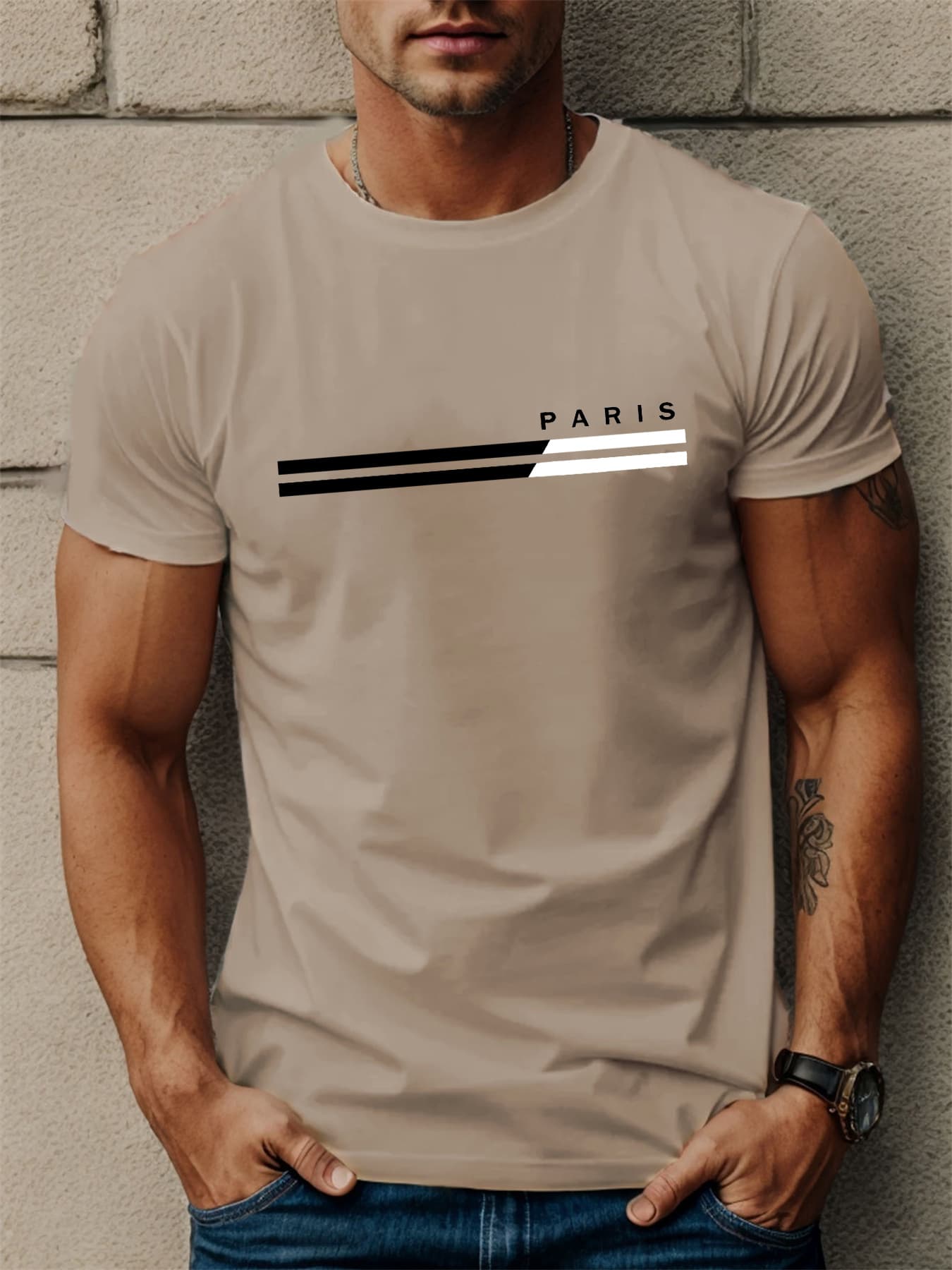 100% Pure Cotton Men's Summer Fashionable Short Sleeved Shirt With Paris Letter Pattern Printed Casual Slim Fit Versatile Top
