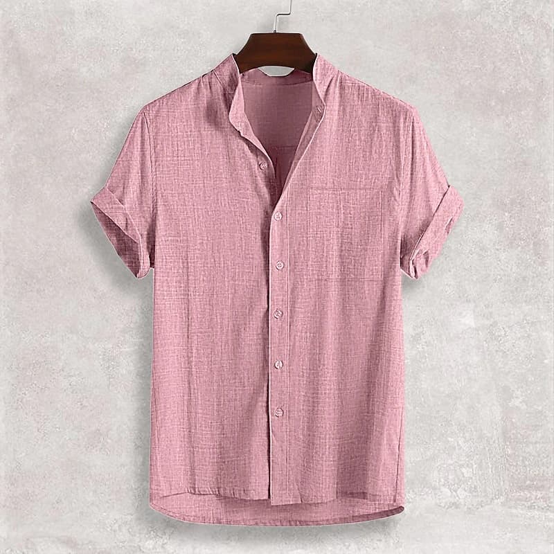 Men's Clothing Cotton And Linen Lapel Short Sleeved Solid Color Shirt Casual Cardigan Men's Shirt