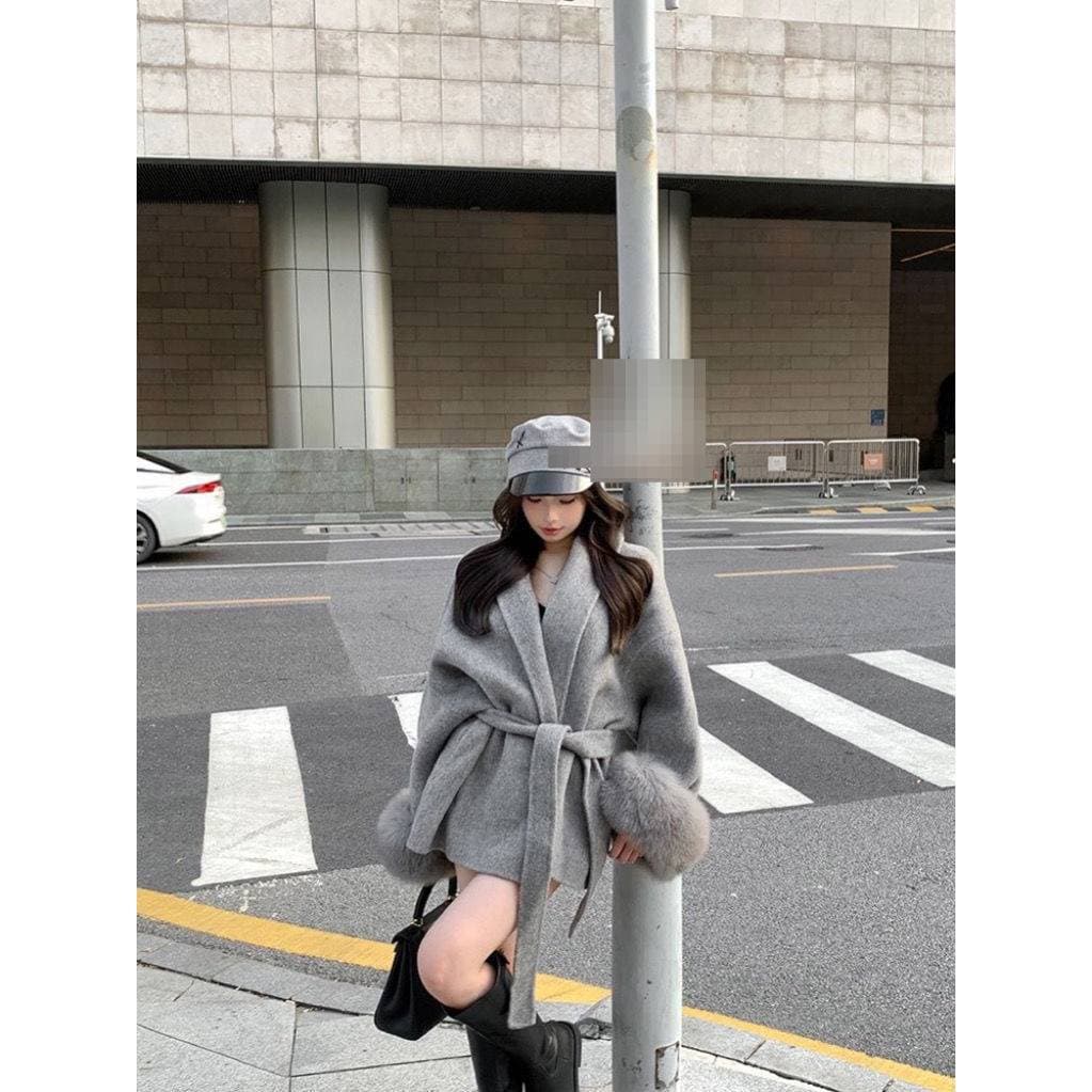Oversized Belted Wool-Like Coat With Fluffy Sleeves – Women’s Fall Trench Coat In Soft Gray/Black/Beige, V-Neck Draped Jacket For Casual Chic Style