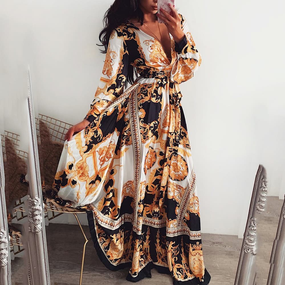 Women's Evening Dress Printed Dress V-neck Pullover Retro Long-sleeved Big Swing Slit Long Skirt