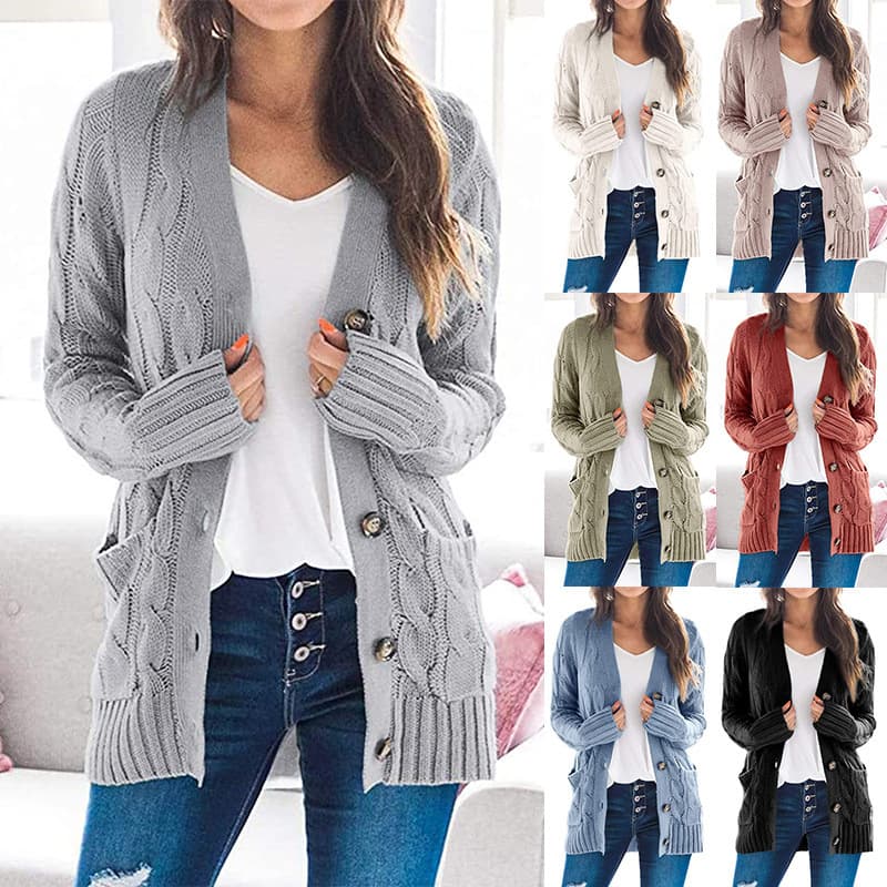 Women's Clothing V-Neck Button-Down Cardigan Sweater - Long Sleeve Knit Open Front Coat For Casual & Office Wear