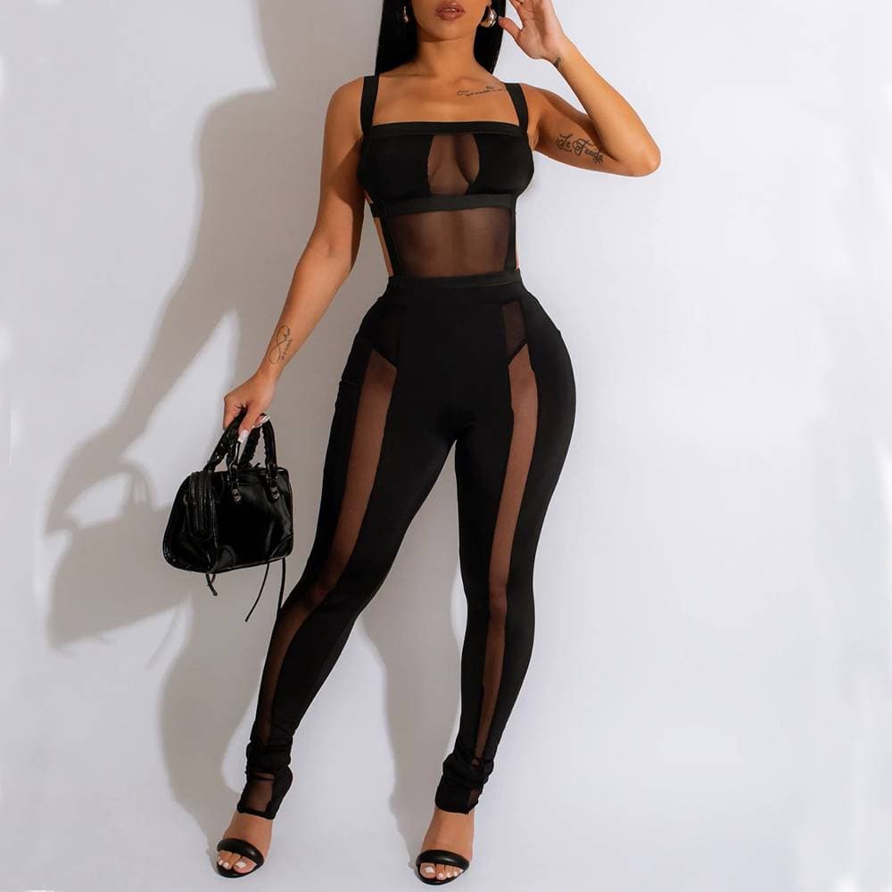 Women's fashion women's clothing solid color mesh sleeveless trousers suspenders jumpsuit