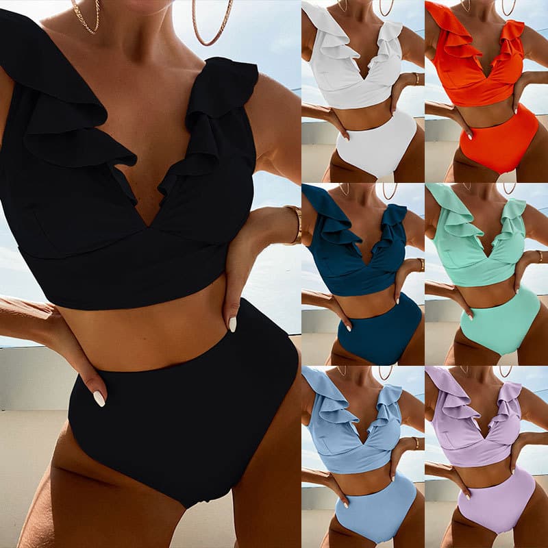 Women's Clothing Multi Color Ruffled V Neck Split Swimsuit High Waist Split Bikini