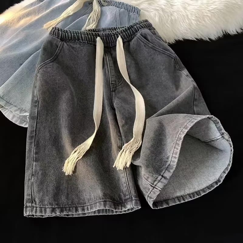 Men's Clothing Men's Summer Denim Shorts Solid Color Drawstring Casual Five Point Unisex Loose Mid-Length Pants