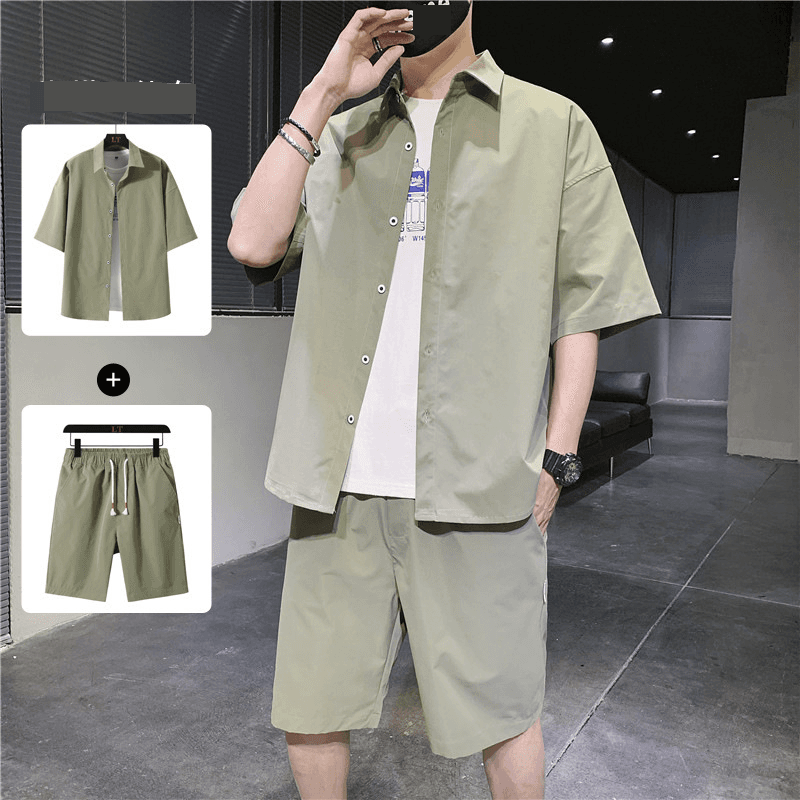 Men's Clothing Short Sleeved Shirt Shorts Trendy Suit Student Teenager Casual Two Piece Suit