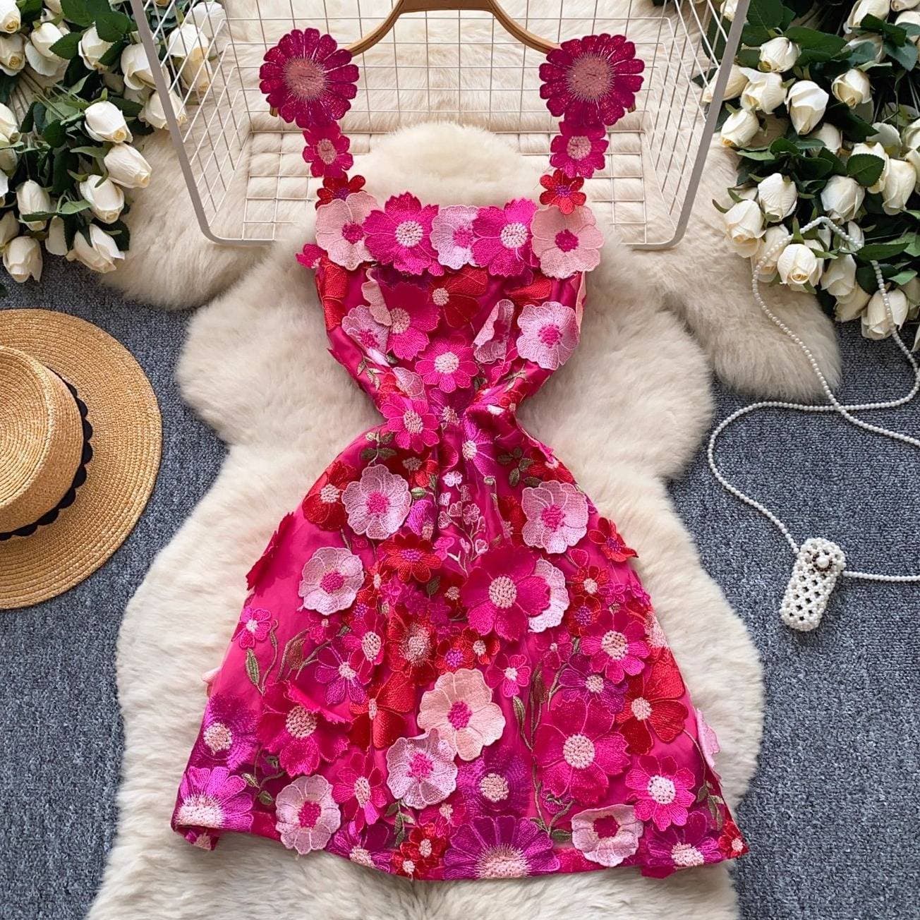Elegant Embroidered Floral A-Line Dress With Waist Accent – Strapless Cocktail Dress For Women, Sophisticated & Slimming