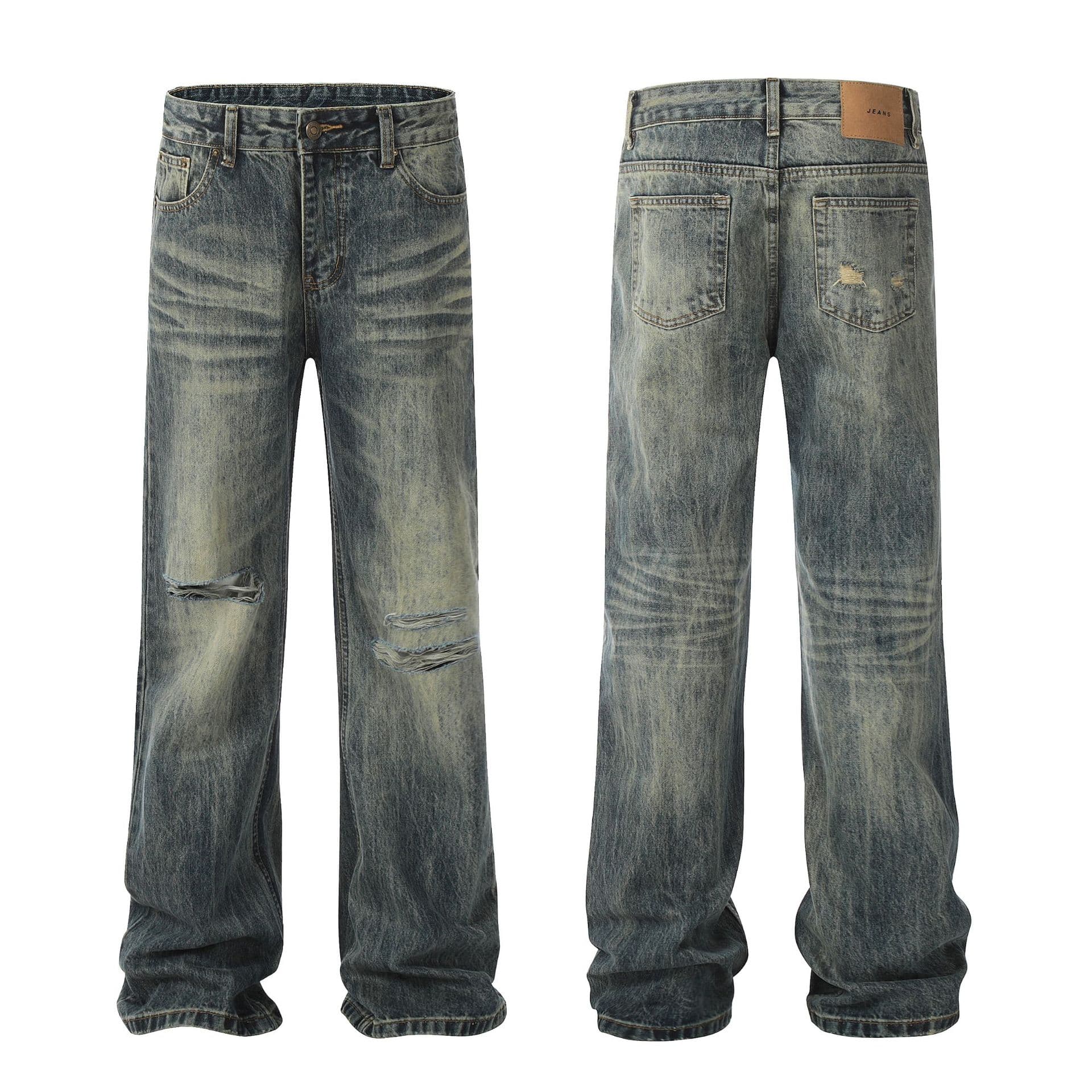 Men's Clothing Street Retro Yellow Mud Washed Old Hole Drape Unisex Jeans