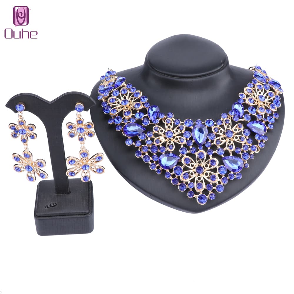 Women Bridal Rhinestone Crystal Flower Wedding Necklace Earring Jewelry Sets For Brides Formal Dress