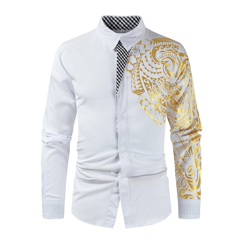 Men's Fashion Long Sleeve Shirt Slim Lapel Hot Gold