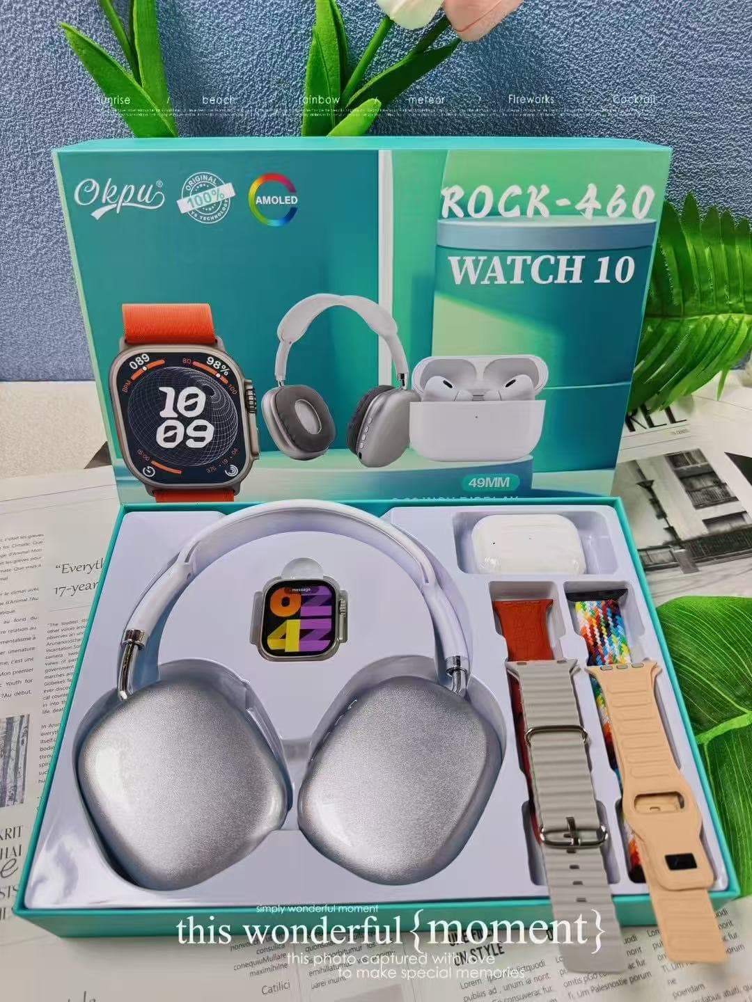 Montre connectée Ultra, écouteurs et casque Bluetooth, étui à sangles 4 pièces